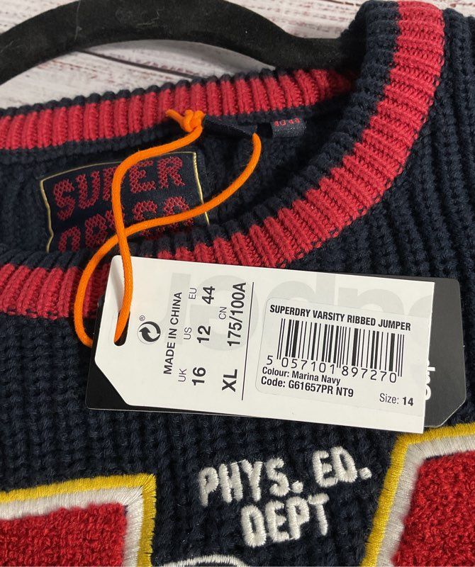 NEW Superdry Varsity Ribbed Knit Sweater #54 Superdry Original Size 12 US Blue