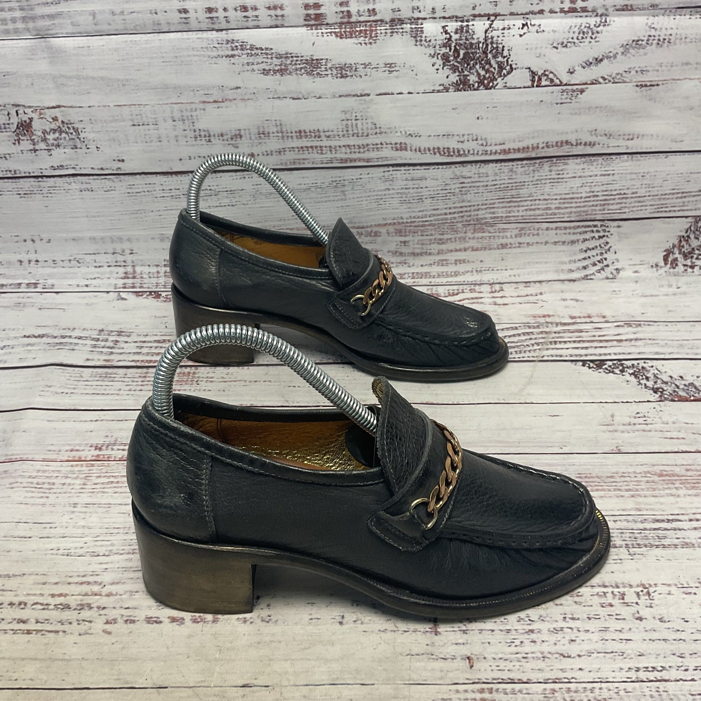 Silvano Sassetti Black Leather Cuban Chain Loafer Heel Women Size 7