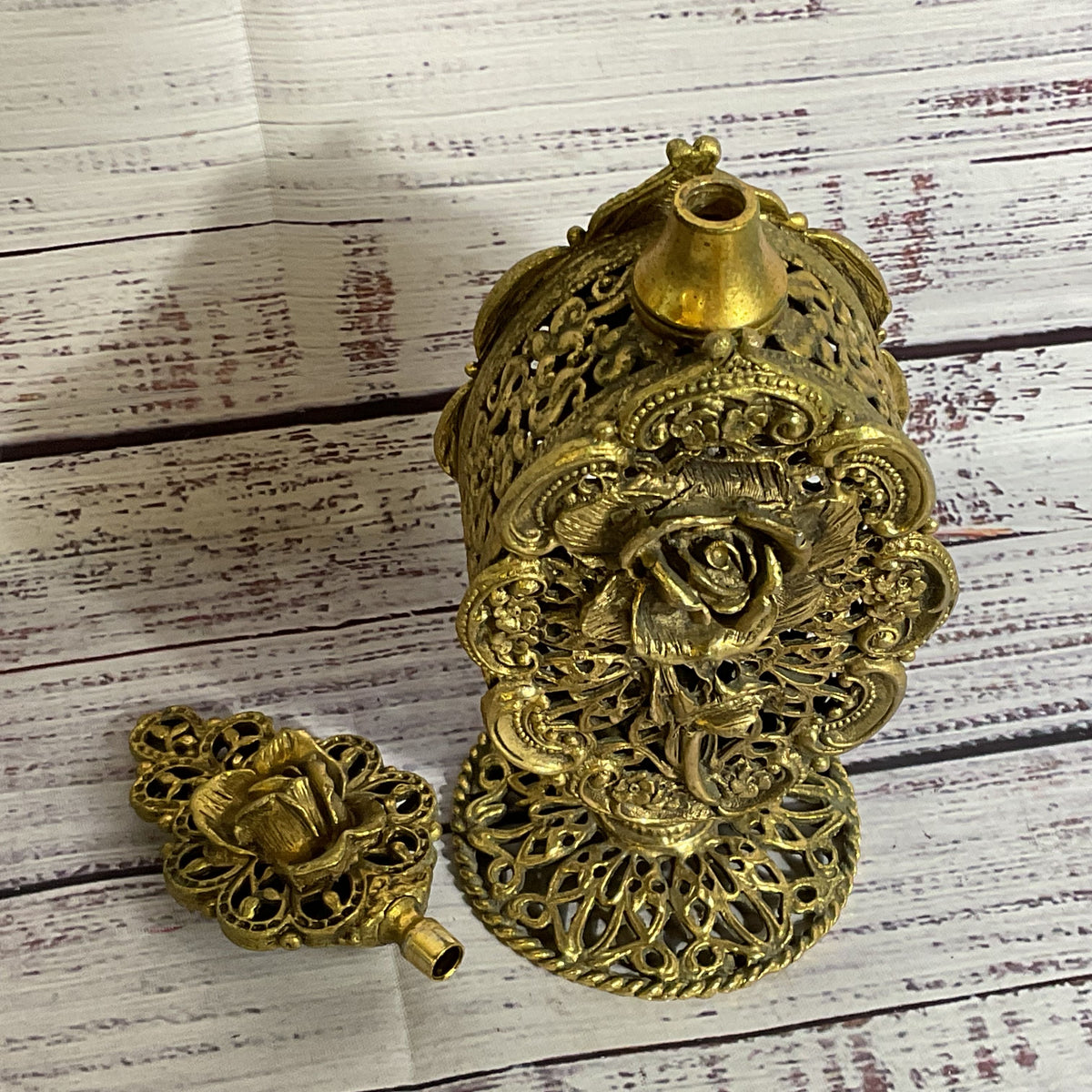 VTG./ANTIQUE Ormolu Ornate Filigree Rose Perfume Bottle- 9.5"