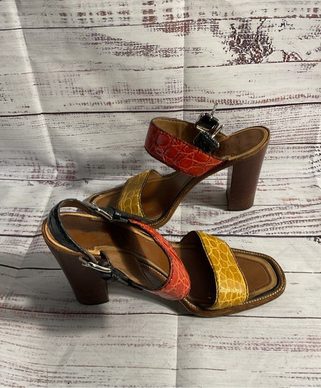 Prada Women's Leather Heels Multicolored Strap Croc Embossed Size 37 EU 7 US
