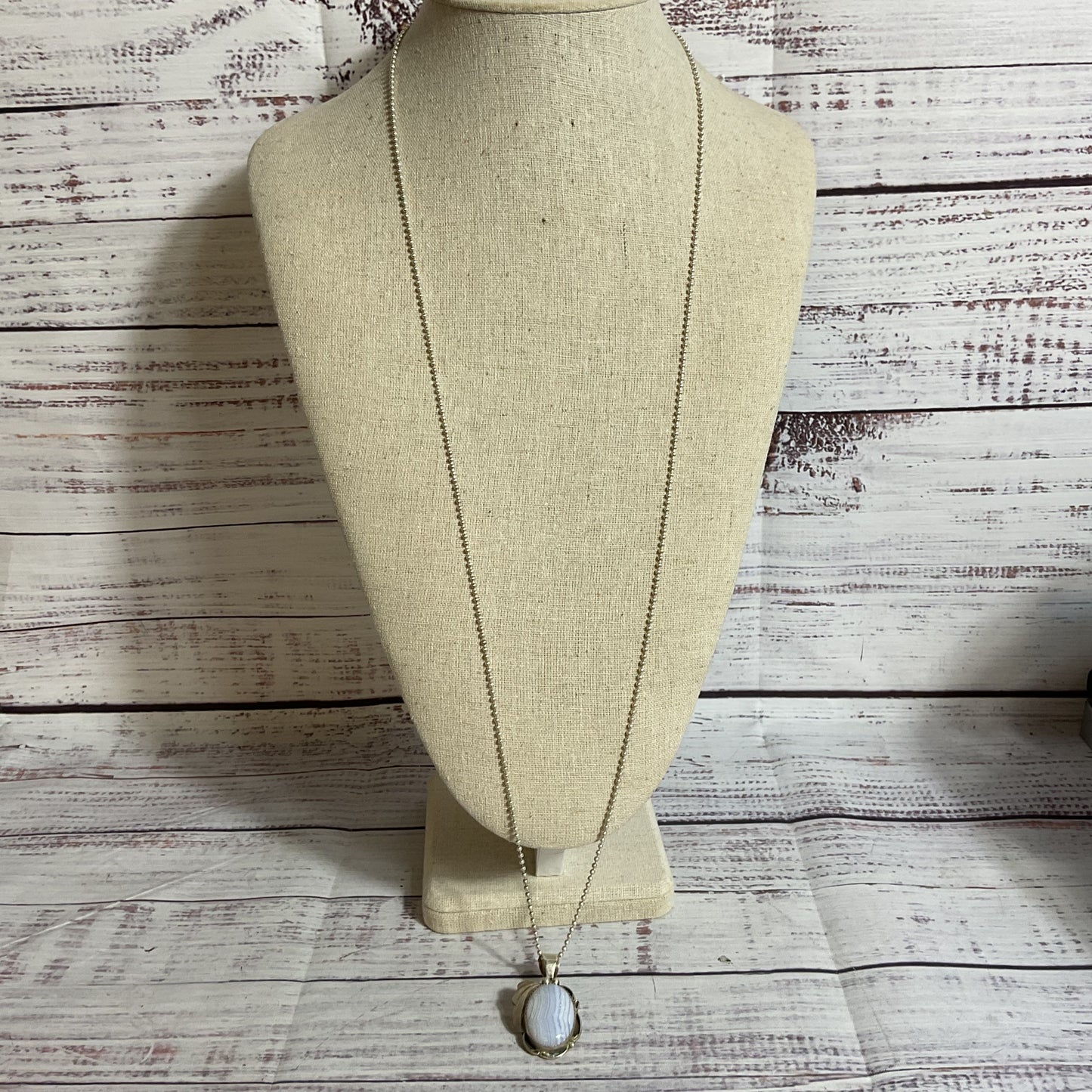 BBT Sterling Silver & Blue Lace Agate Oval Pendant 36" Chain Necklace- 19.13g