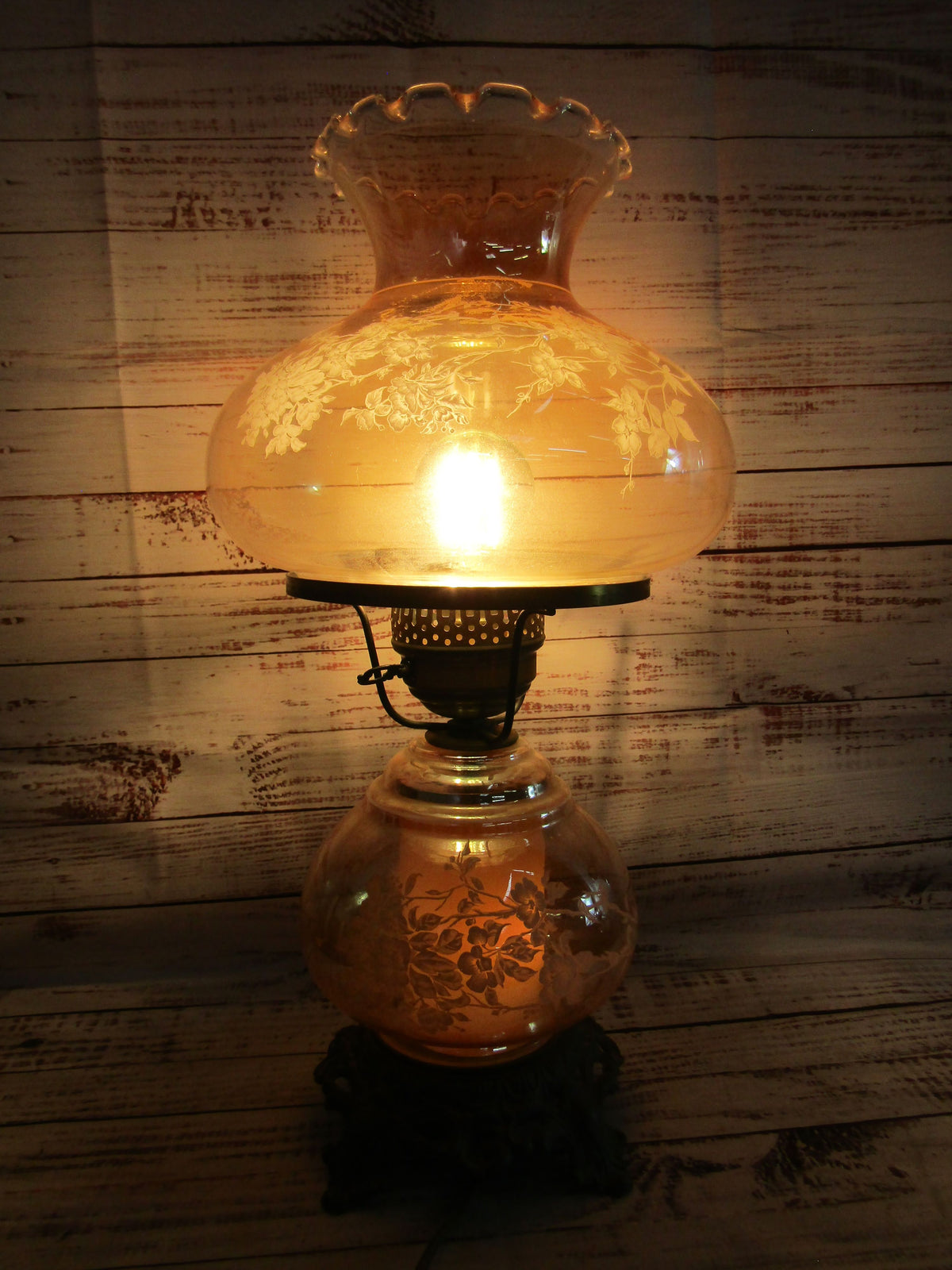 Antique Repurposed Ornate Floral Etched Hurricane Lamp