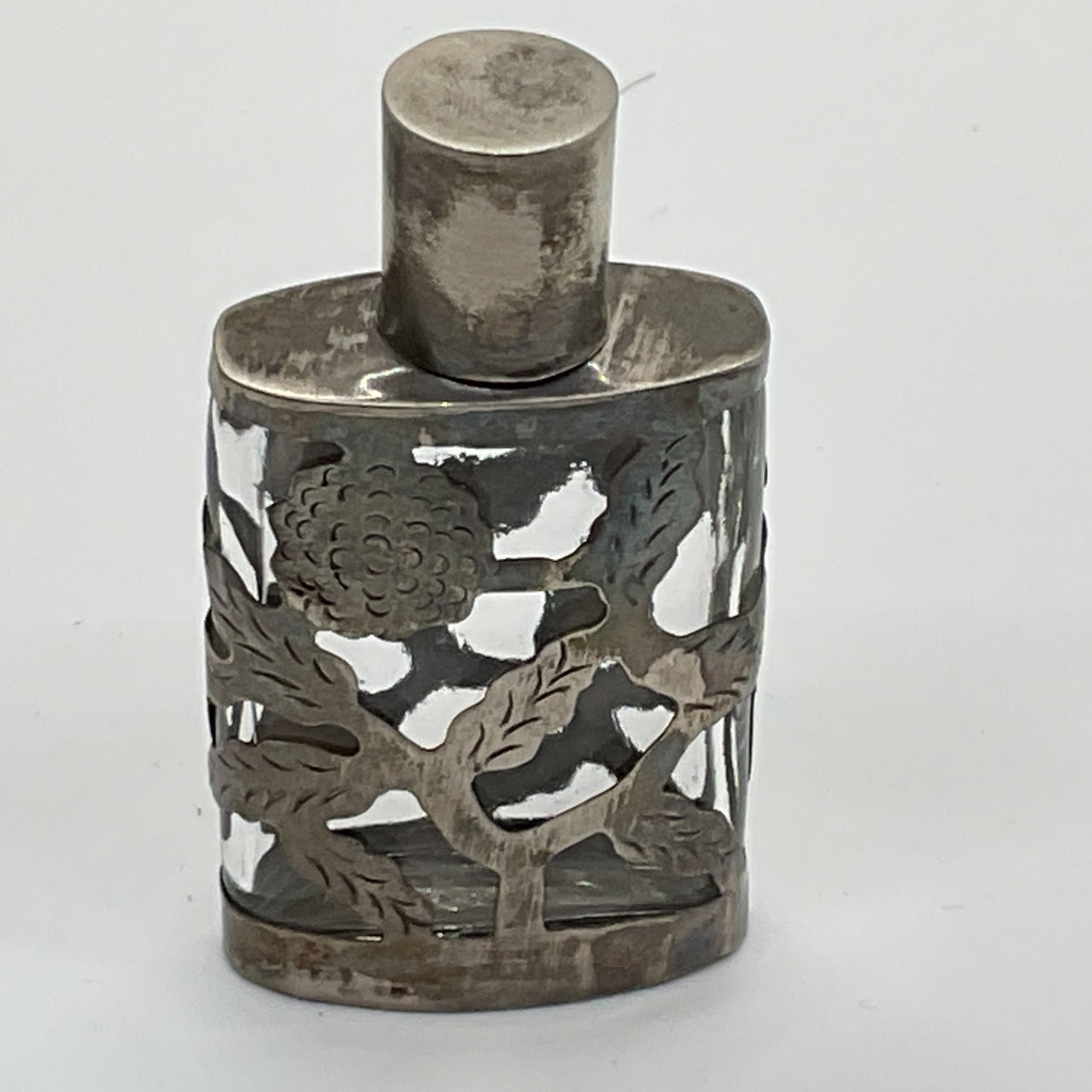 VTG./ANTIQUE Mexico Sterling Silver Overlay 2.5" Mini Perfume Bottle Flask