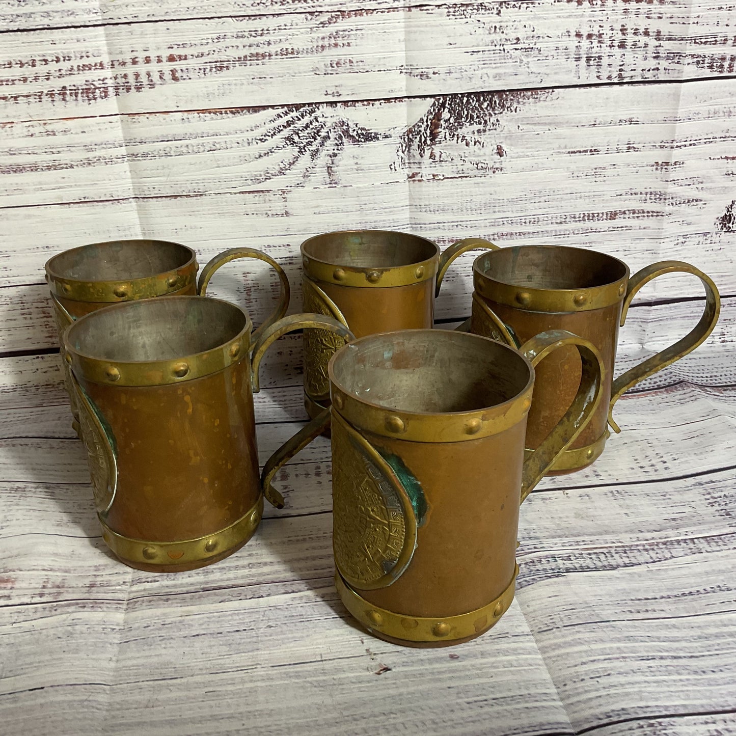 VTG. Mexican Copper & Brass Aztec Mayan Calendar Mugs- Set of 5