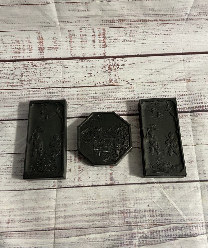 Vintage Set Of 3 Chinese Ink Stones With Art