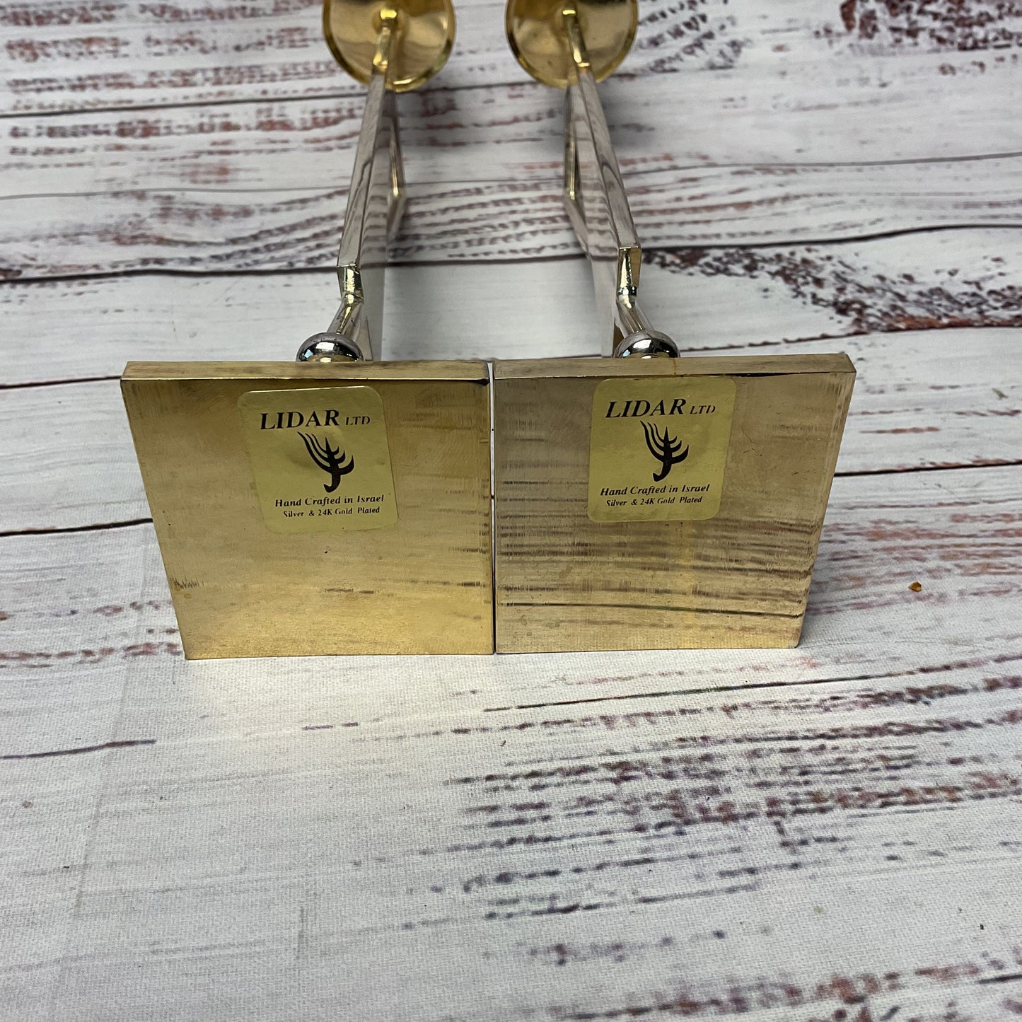 Lidar Modernist Gold Silver Tone 9" Star Of David Design Candle Holder Pair