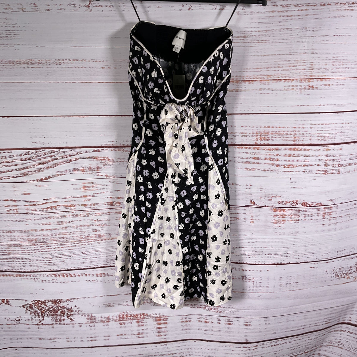 Maeve Anthropologie Black White Floral Pattern Bow Strapless Dress Size XS New