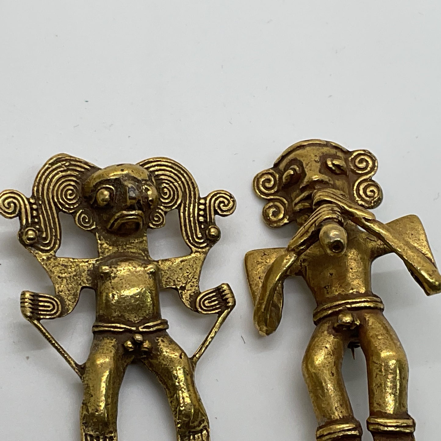 Set of 2 ALVA STUDIOS 2" & 2.25" Brass Mayan Figural Brooch & Fur Clip