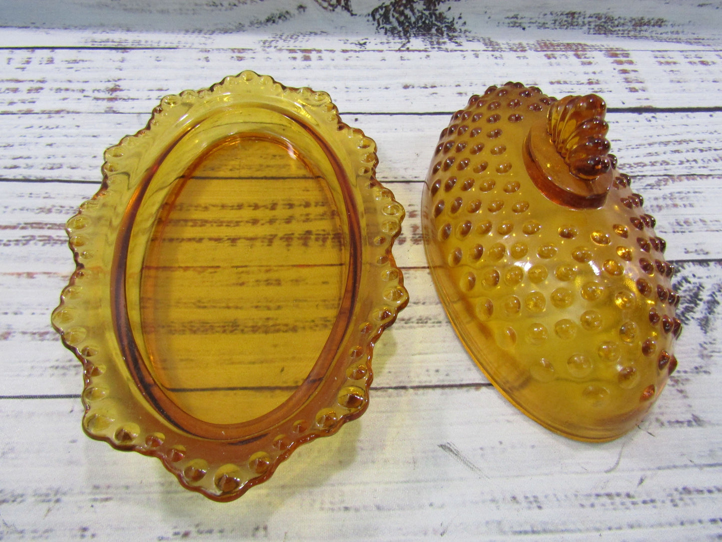 Vintage L.E. Smith Hobnail Amber Glass Covered Butter Tray Shaker