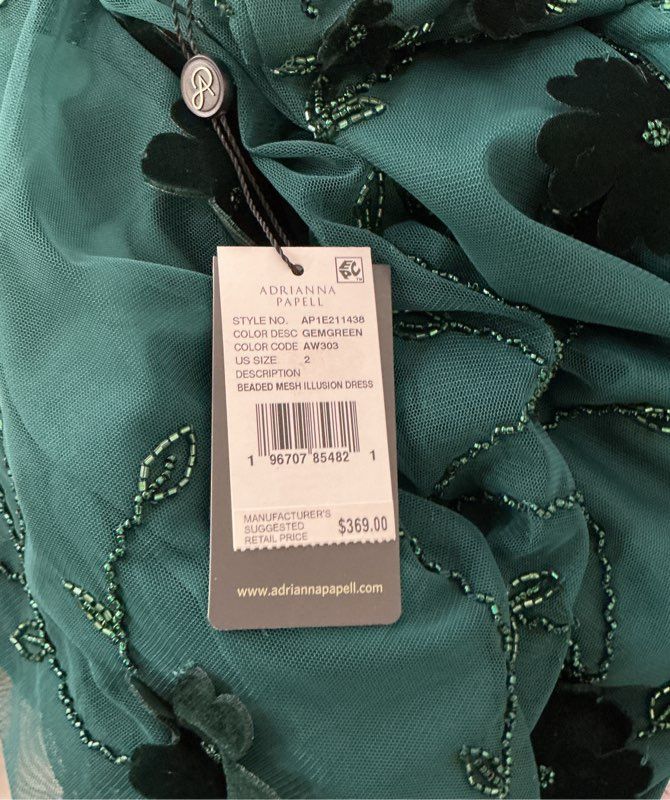 NWT Women's Adrianna Papell Green Mesh Beaded Dress Size 2 Retail $369