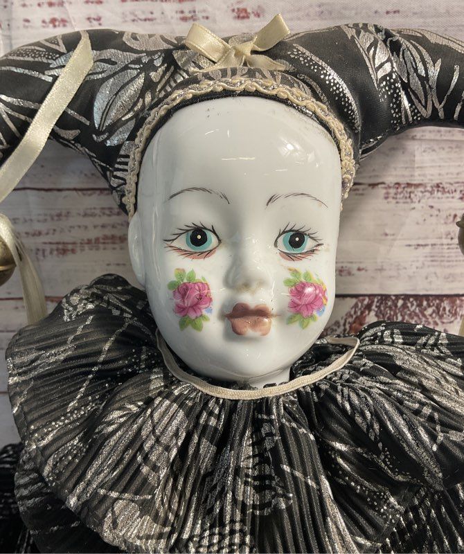 Vintage Porcelain Clown Doll Harlequin Floral Cheeks Black Silver Attire 17"