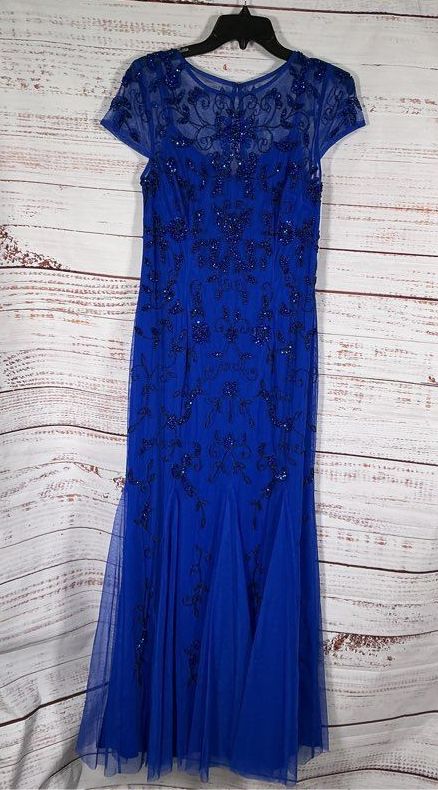 NWT Papell Studio Royal Blue Bead Mesh Godet Long Dress Size 10 Retail $179