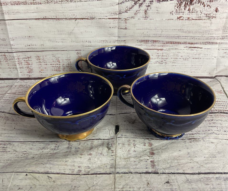 Bareuther Waldsassen Echt Vintage 22K Gold Germany Set of 3 Teacups Cobalt