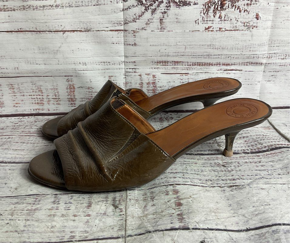 Dries Van Noten Leather Peep Toe Kitten Heels Olive Green 36.5