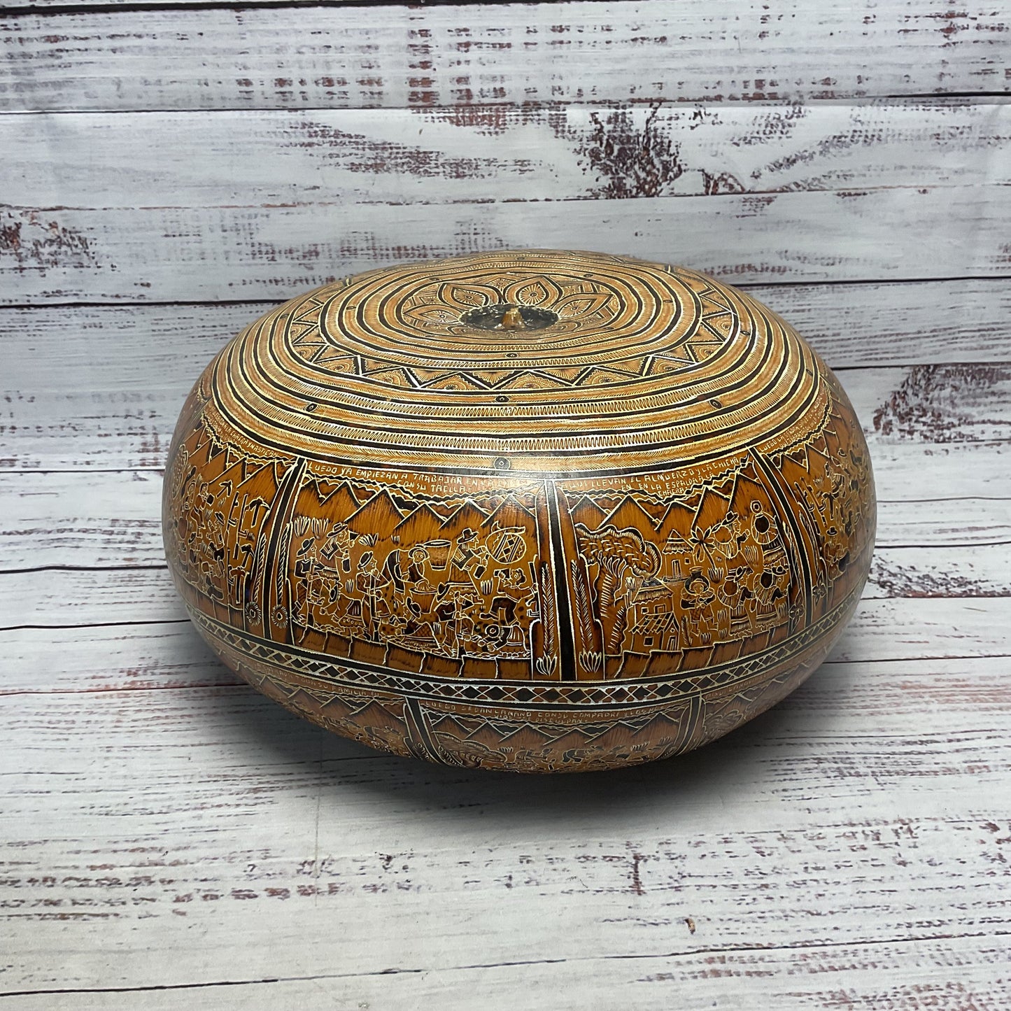 Peruvian Hand Carved Colored Pictorial Gourd Large 12.5"