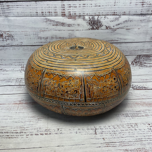 Peruvian Hand Carved Colored Pictorial Gourd Large 12.5"