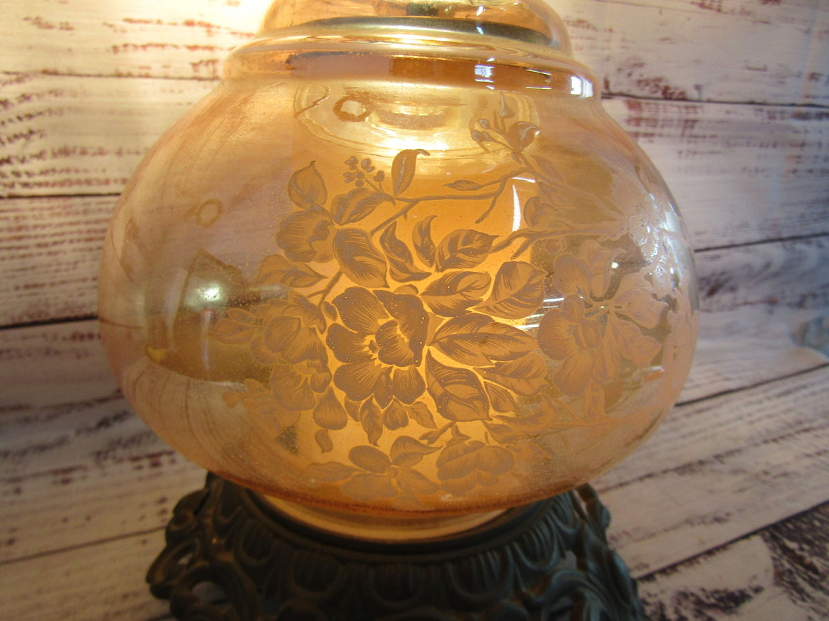 Antique Repurposed Ornate Floral Etched Hurricane Lamp