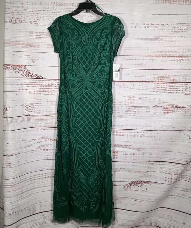 NWT Women's Oleg Cassini Hunter Green Mesh Beaded Dress Size S GORGEOUS!