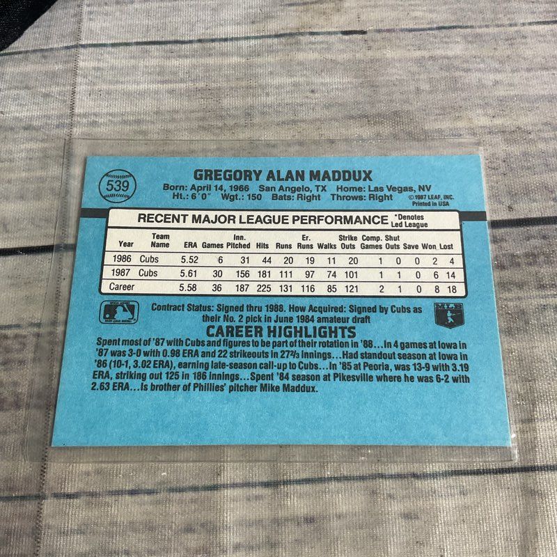 Vtg. Donruss 88 Greg Maddux #539 Ungraded Baseball Card Great Condition