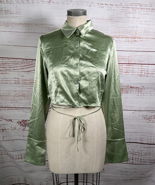 Nonchalant Iris Satin Crop Button Down Top Green XL