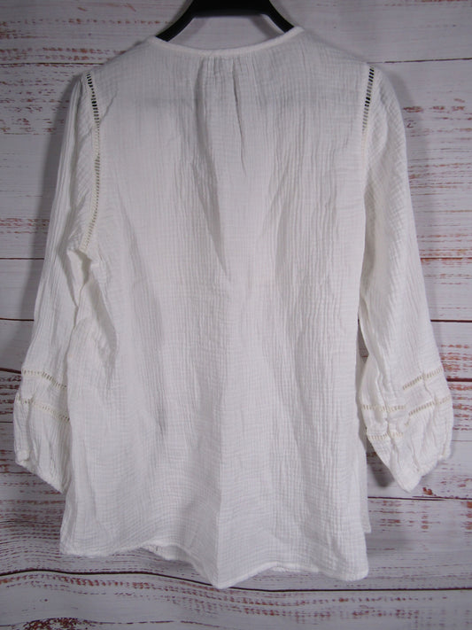 Calme by Johnny Was Gauze Tunic Women's White Floral Embroidered Blouse Size S