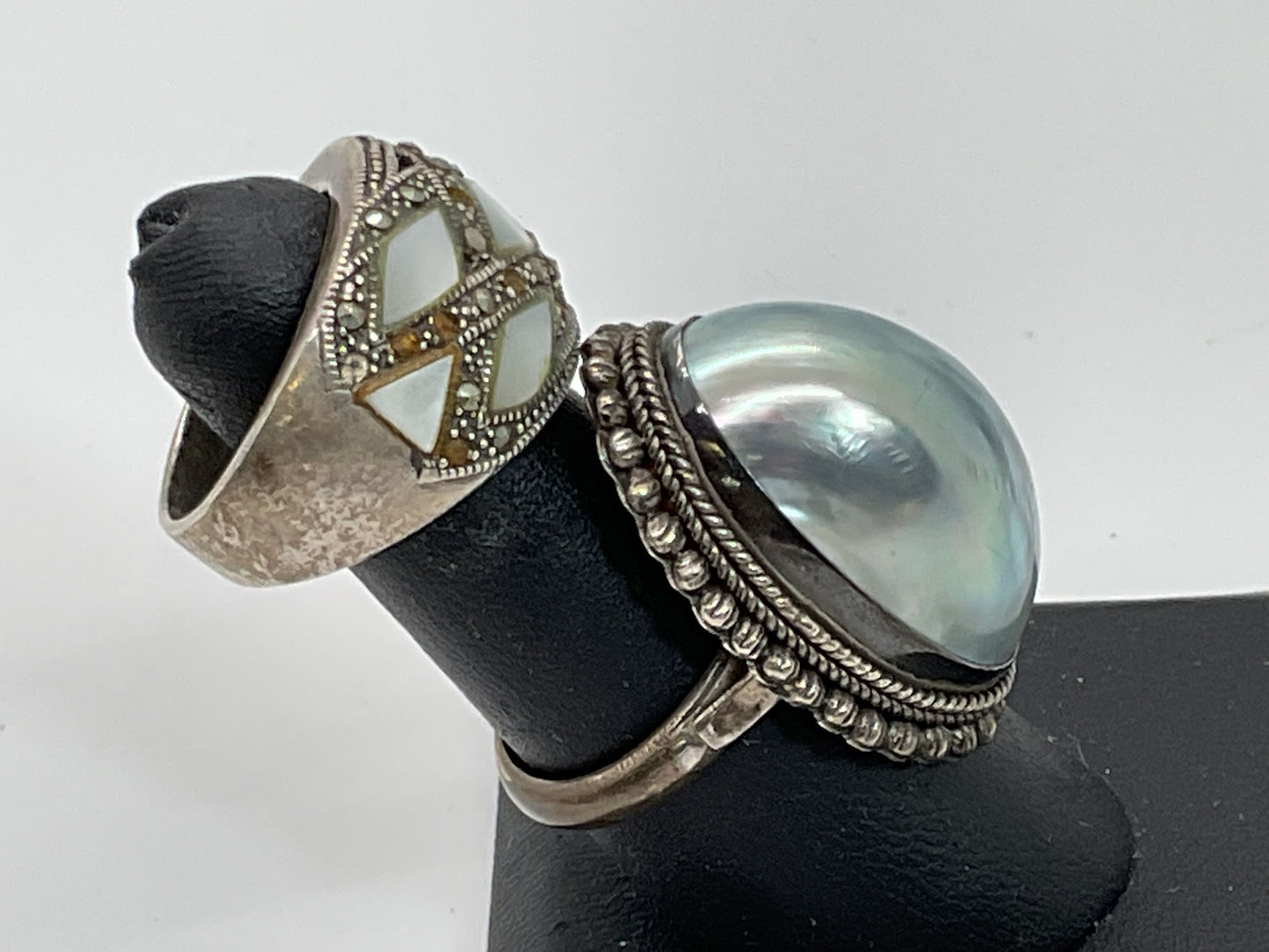 Set of 2 Sterling Silver Faux Pearl Abalone Marcasite SZ 8 Rings- 21.64g
