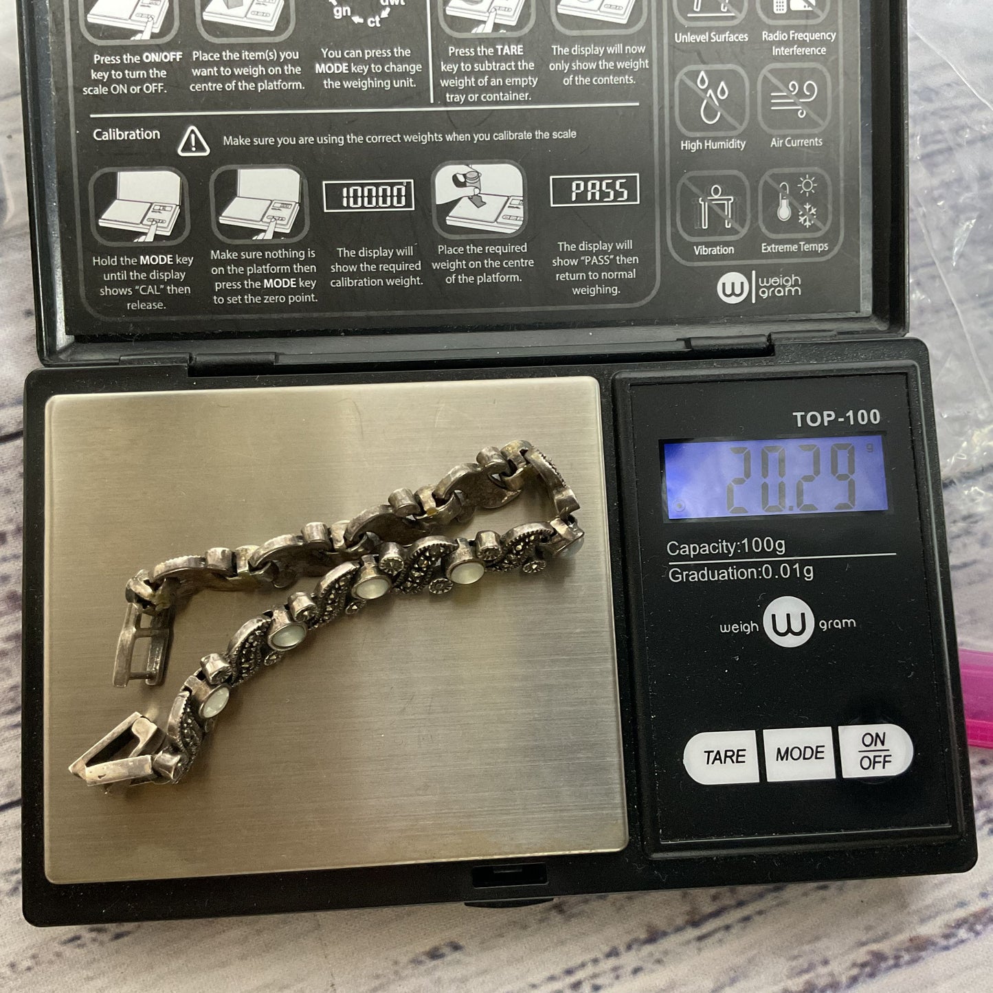 Sterling Silver & Moonstone, Marcasite Link 5.75" Bracelet- 20.29g