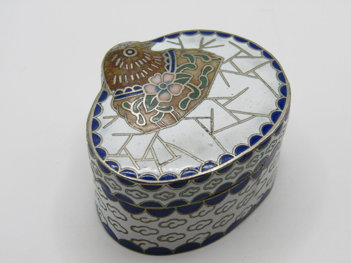 Vintage Handcrafted Cloisonne Enamel Floral Bird Motif Pill Box