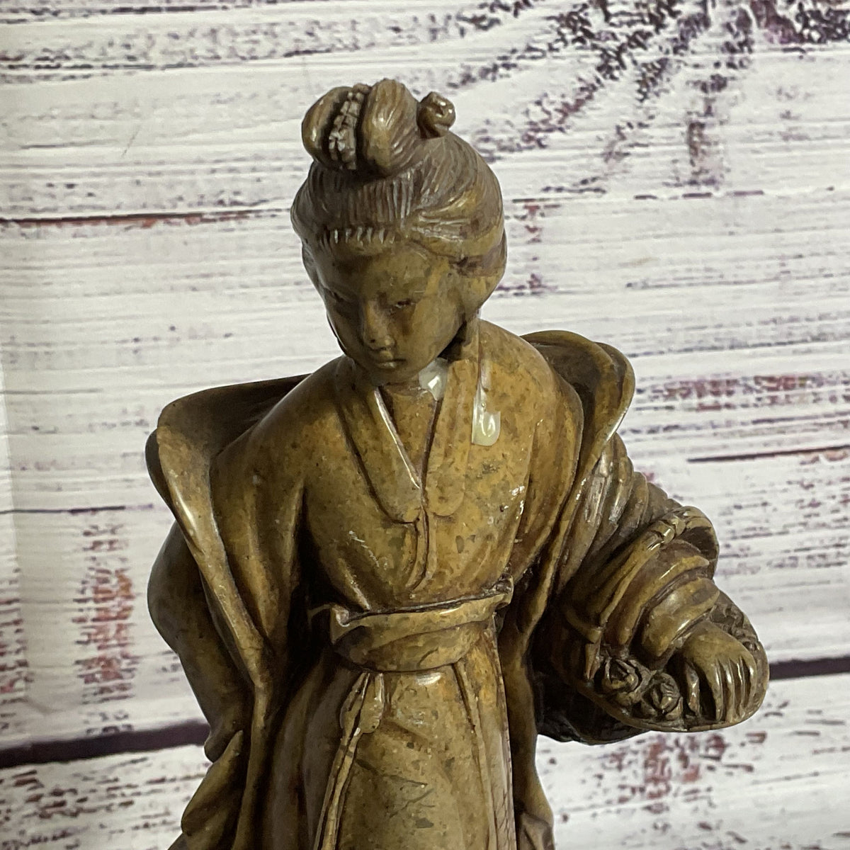 Signed VTG./ANTIQUE Chinese Quan Yin Holding Basket Soapstone Figurine- 7"