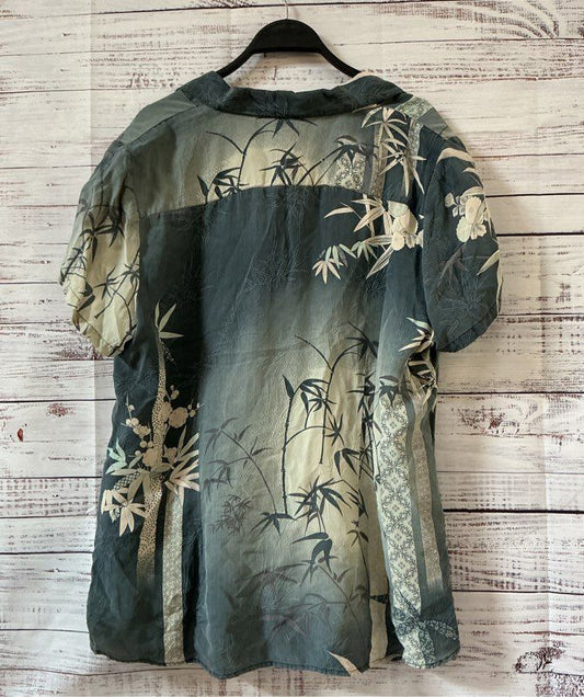 Women's Citron Bluegray Print Silk Short Sleeve Blouse Size 1X