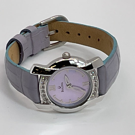 BULOVA Mother of Pearl Face Lavender Leather Band Women's Watch- NEEDS BATTERY