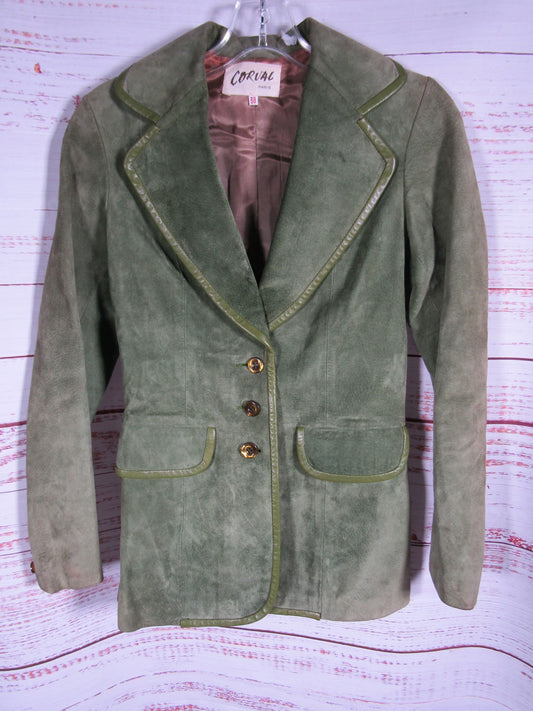 Vintage 1970's Corval Paris Green Suede Blazer Jacket Size 38