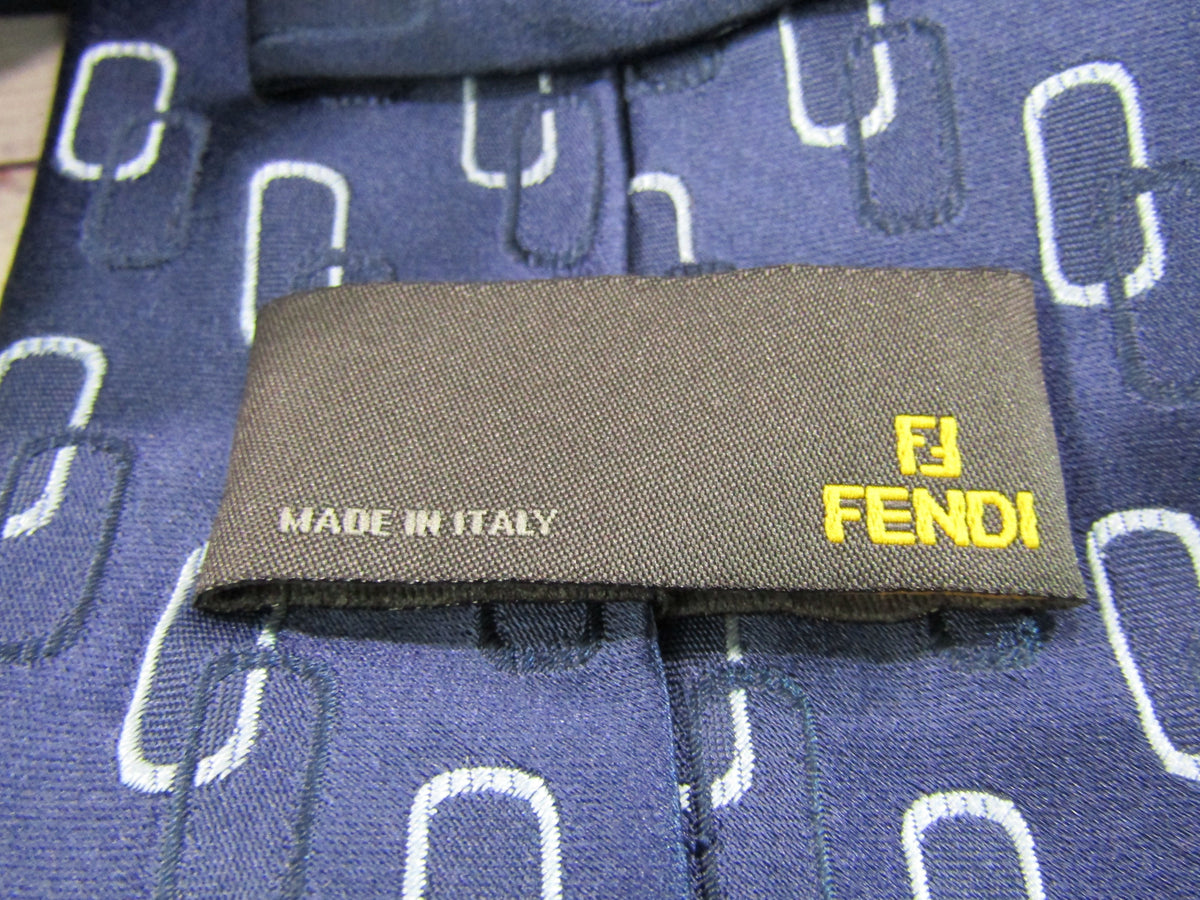 Fendi Men's Blue Interlocking Link Print Silk Tie Made in Italy