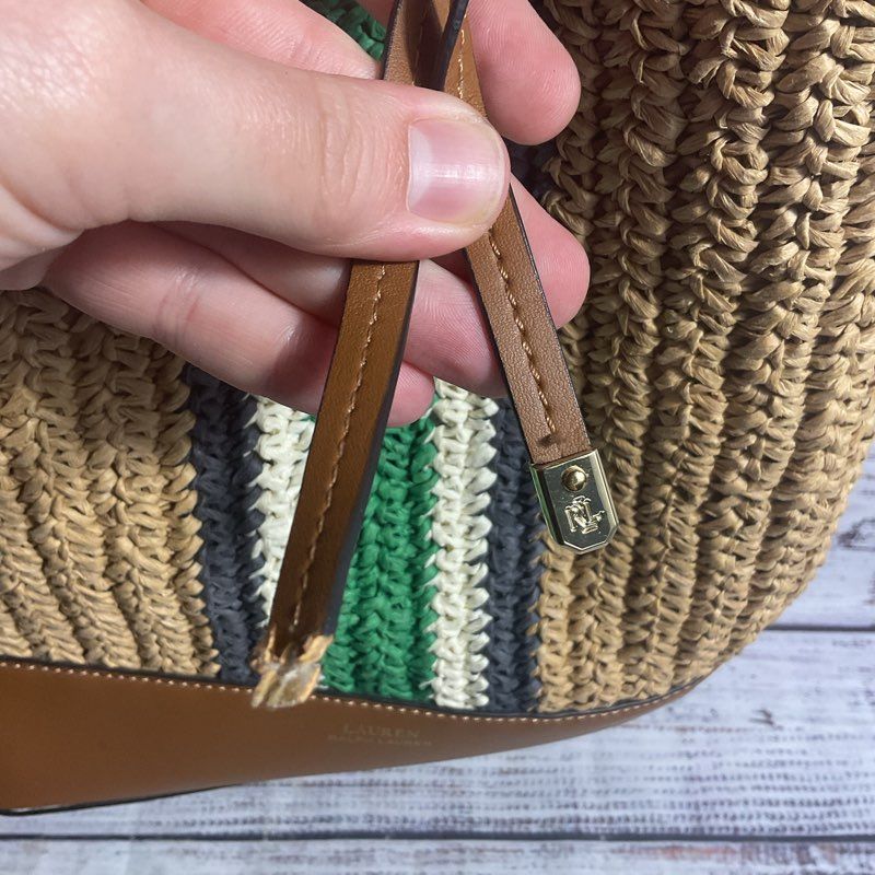 Lauren Ralph Lauren Debby Woven Straw Stripe Accent Shoulder Strap Satchel Purse