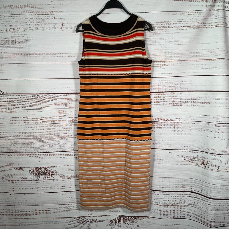 Marni Orange & Red Striped Pattern Clash Wool Blend Sleeveless Midi Dress sz M