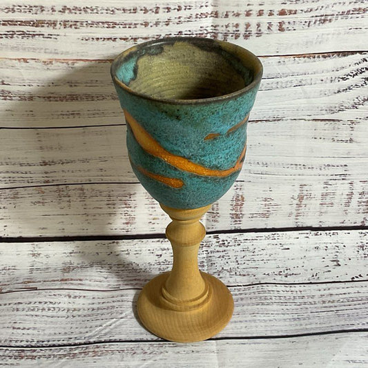 VTG. Pottery Goblet With Wood Stem- 7.75"