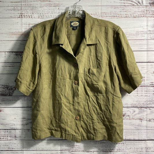 Tommy Bahama Olive Silk Cropped Short Sleeve Button Up Shirt sz XS *DAMAGED*