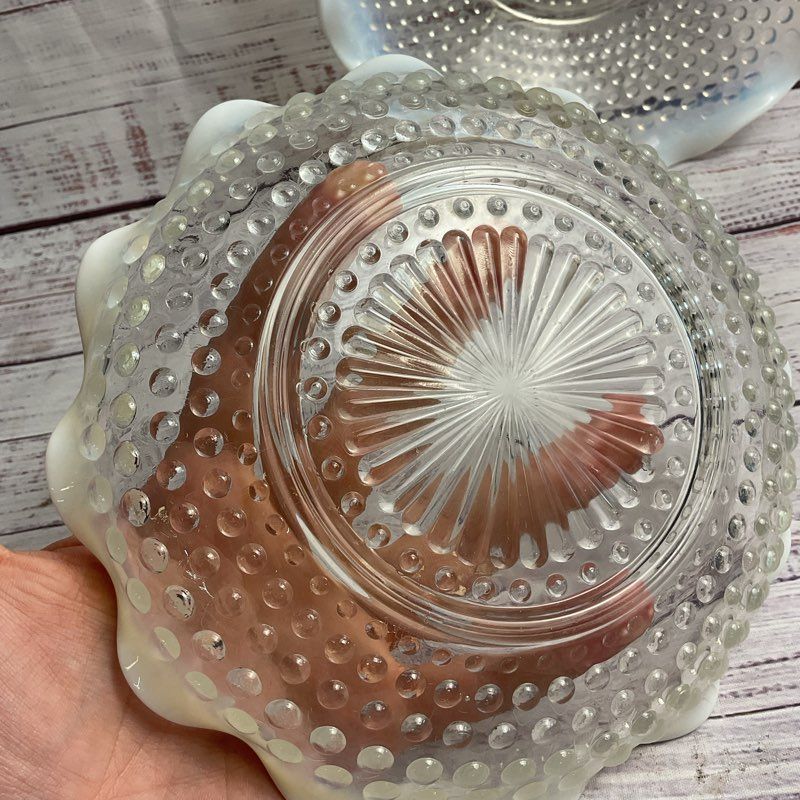 Vintage Set Of 2 Hobnail Moonstone Opalescent Ruffled Edge Glass Bowls