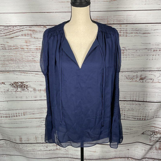 Diane Von Furstenberg Shear Navy Silk Long Sleeve Tunic Blouse - Size M