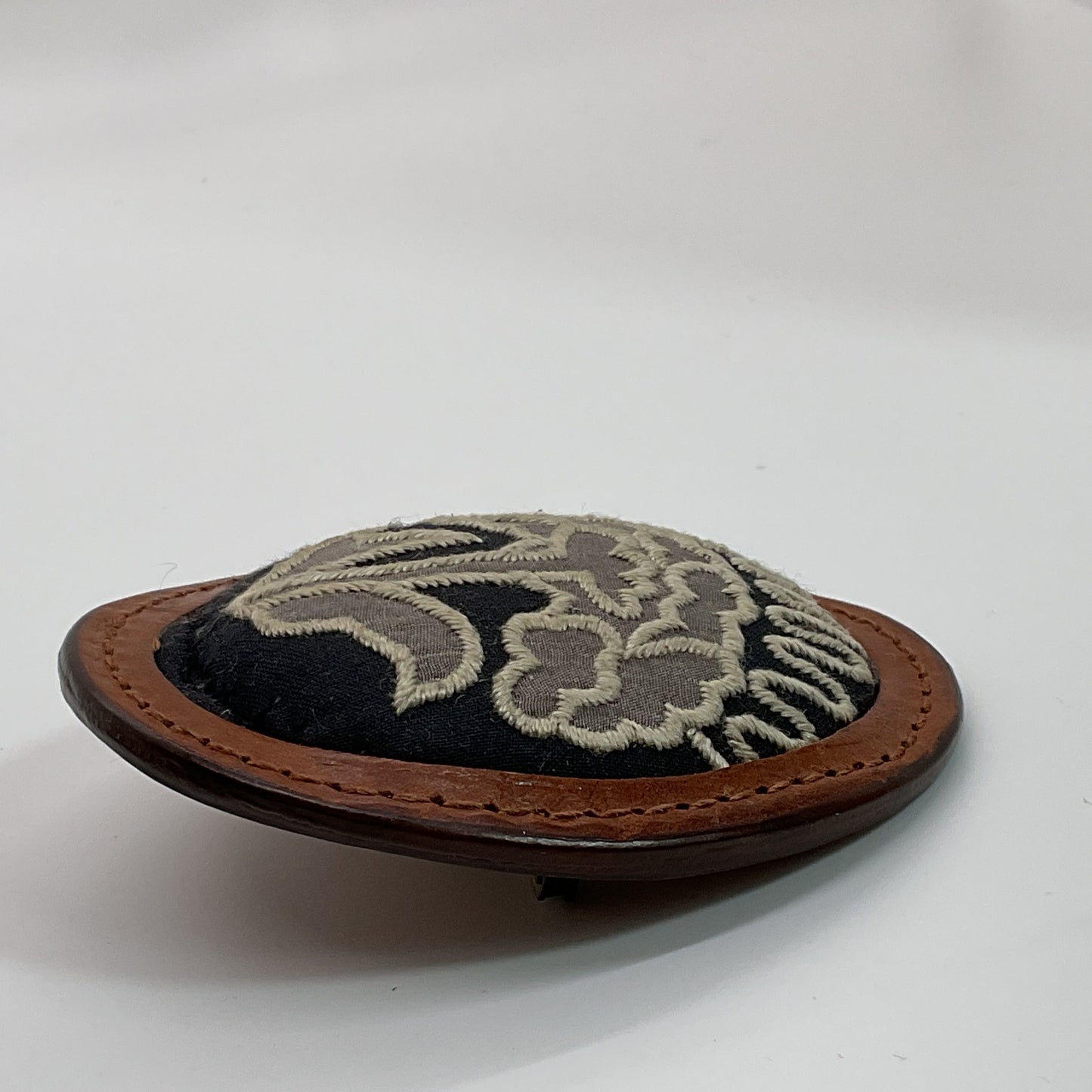 VTG./ANTIQUE Embroidered Leather Brooch/Pin- 3"
