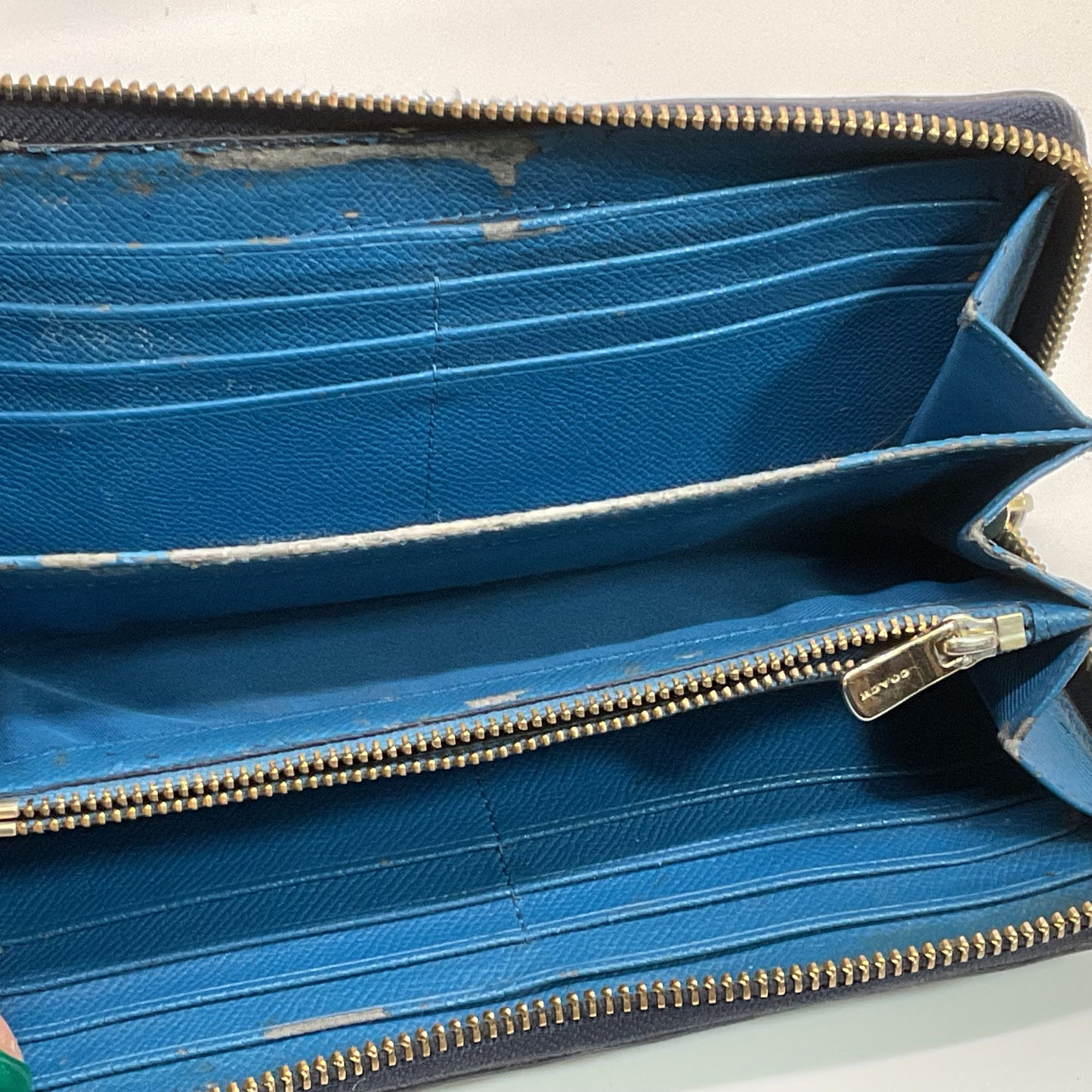 COACH Blue Colorblock Accordion Zip Crossgrain Leather Wallet