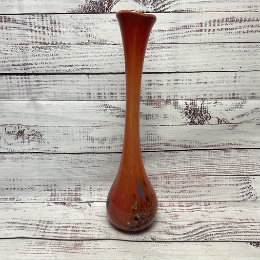 Nico Glass Romanian Tall Tube Slender Neck Orange Multicolor Swirl Vase 14.5"