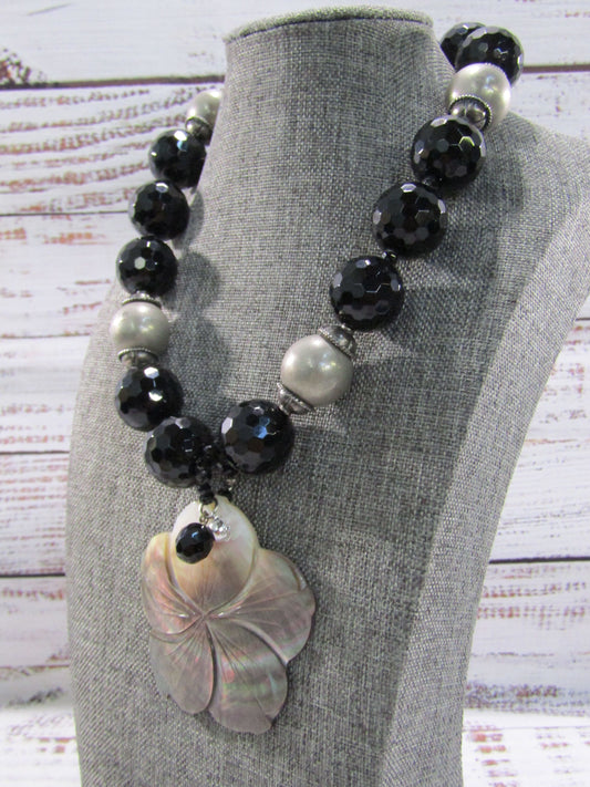 Faceted Onyx Beaded Necklace With Floral Carved Mother of Pearl Pendant