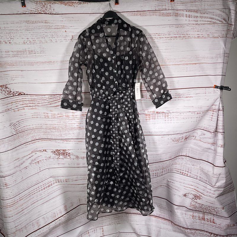 Oleg Cassini Black & Gray Polka Dot Sheer Belted Shirt Dress Size S w/ Slip