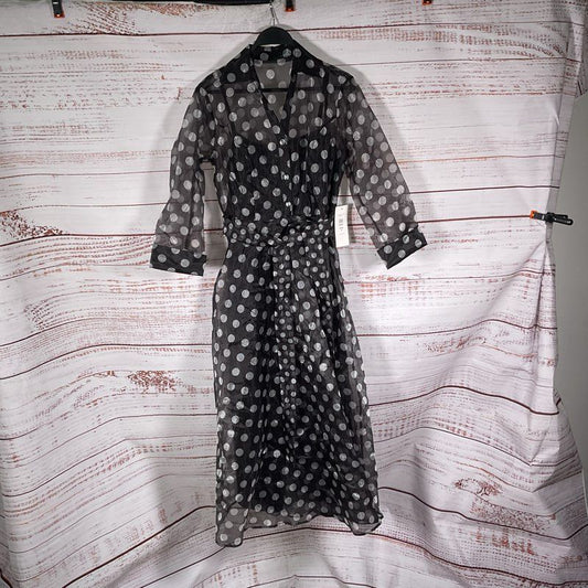 Oleg Cassini Black & Gray Polka Dot Sheer Belted Shirt Dress Size S w/ Slip
