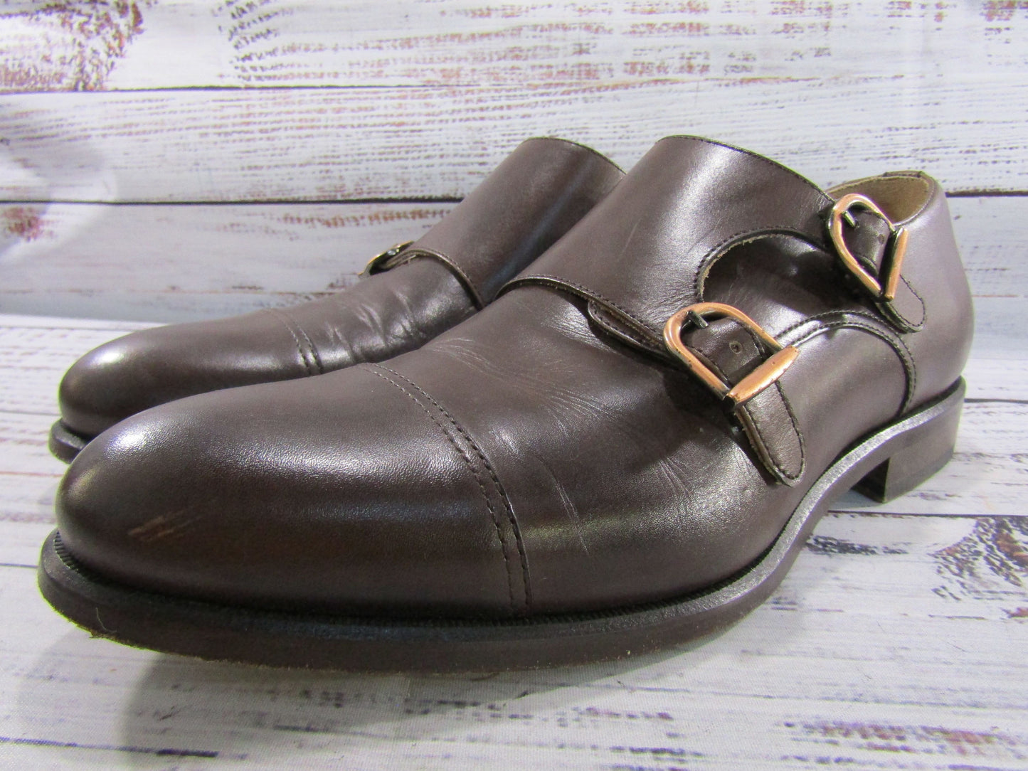 Lavo Men's Brown Leather Cap Toe Double Monk Strap Loafers Size 8
