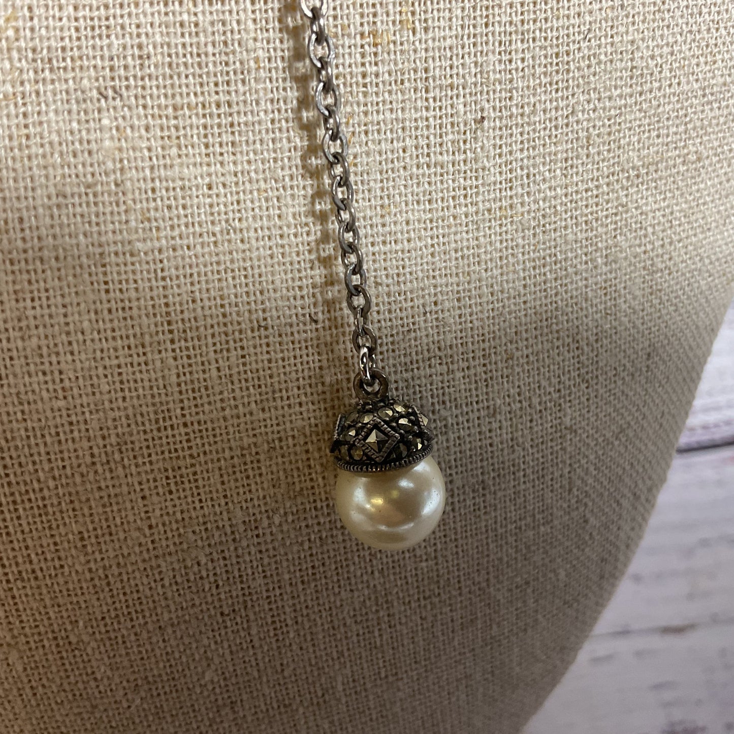 Sterling Silver & Faux Pearl Marcasite 24" Y Necklace- 11.42