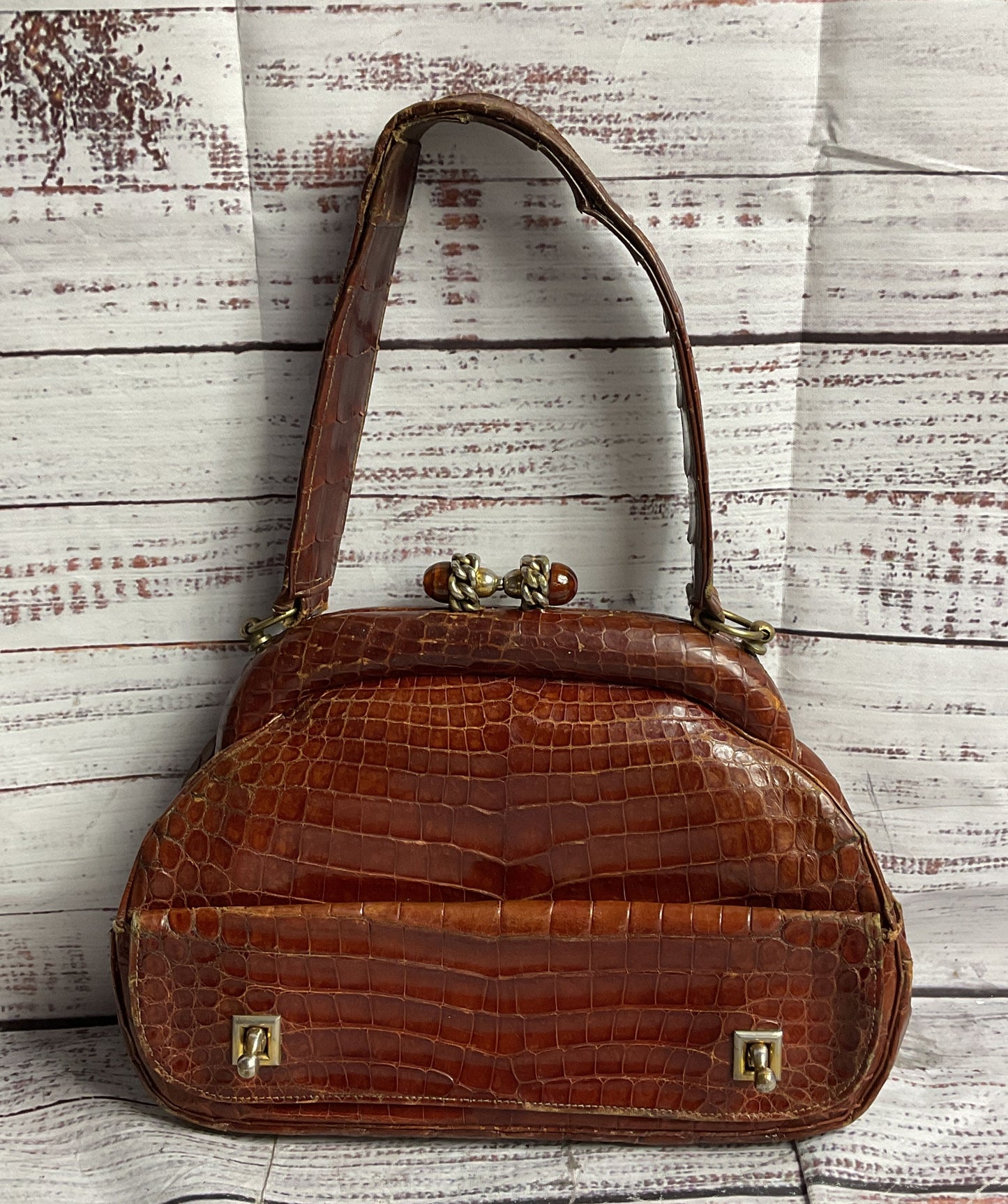Vintage Leather Reptile Embossed Top Handle Bag Brown