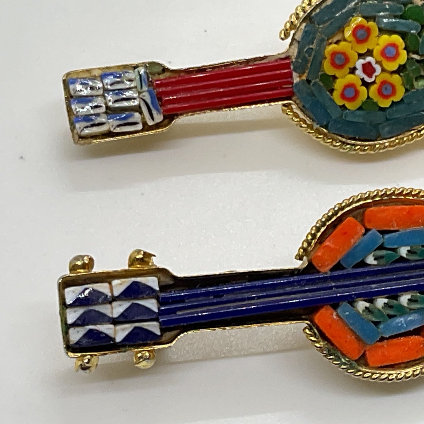 Set of 2 Italy Brass Mosaic 1.75" Guitar Brooches