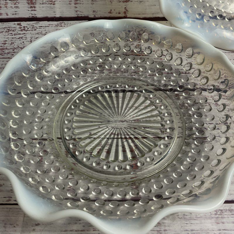 Vintage Set Of 2 Hobnail Moonstone Opalescent Ruffled Edge Glass Bowls